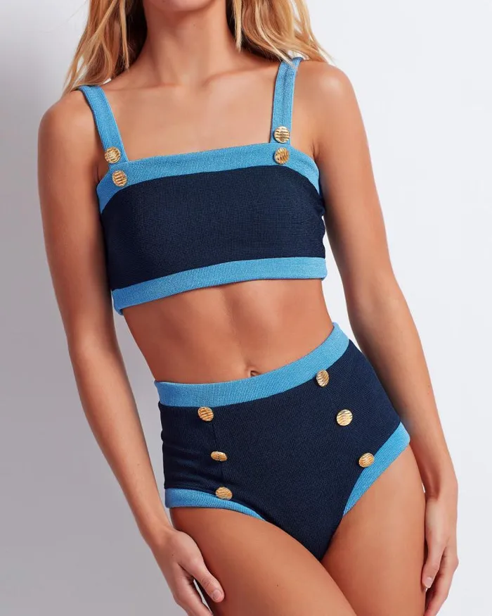 Women Bikinis PatBO Colorblock Knit Bikini Top FINAL SALE French Navy