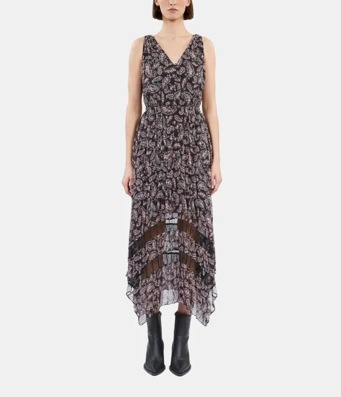 Women Black And Pink Paisley Print Pleated Long Dress With Mesh Inserts THE KOOPLES Dresses and Jumpsuits