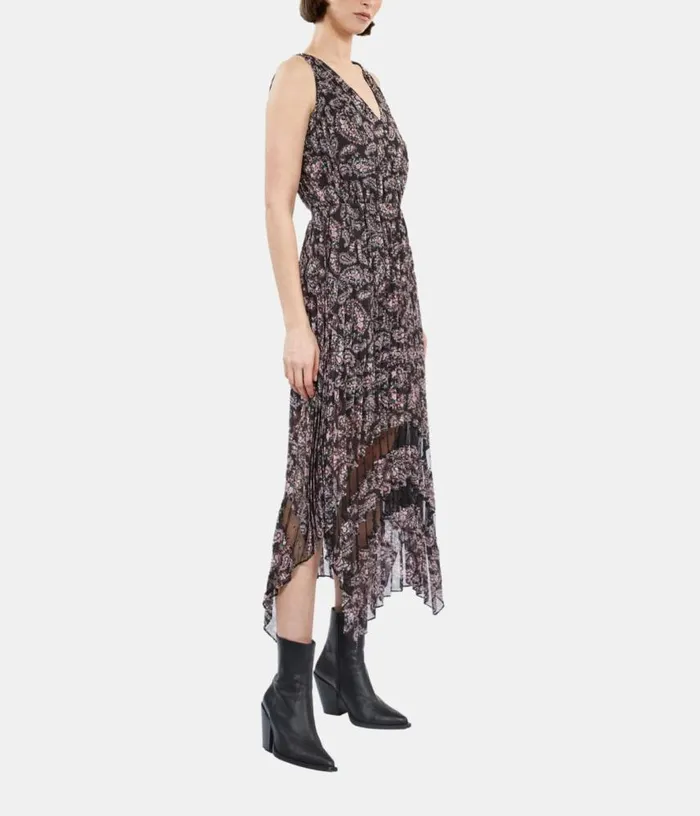 Women Black And Pink Paisley Print Pleated Long Dress With Mesh Inserts THE KOOPLES Dresses and Jumpsuits