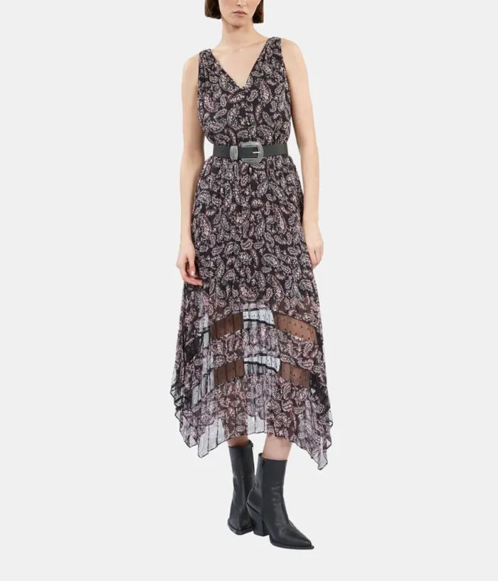 Women Black And Pink Paisley Print Pleated Long Dress With Mesh Inserts THE KOOPLES Dresses and Jumpsuits