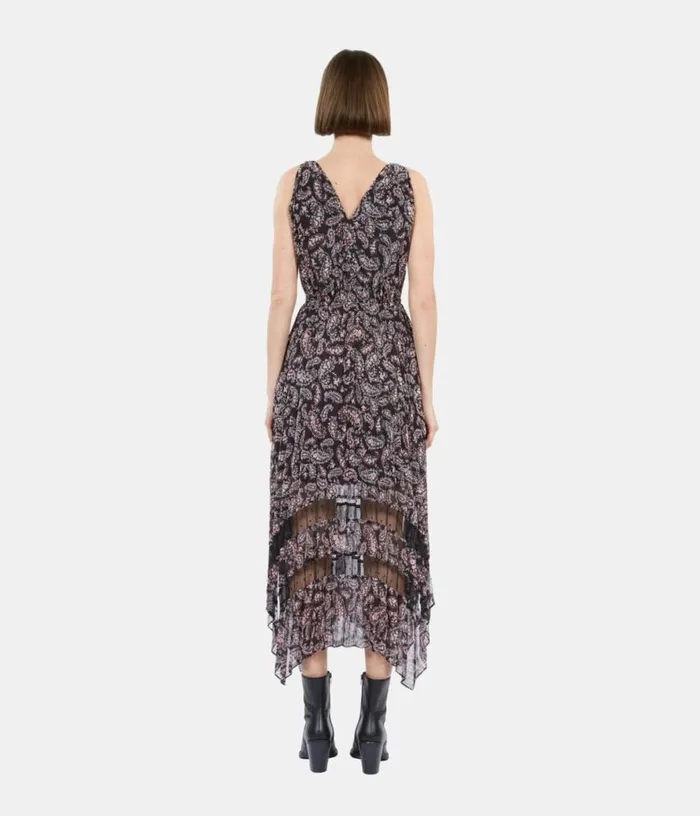 Women Black And Pink Paisley Print Pleated Long Dress With Mesh Inserts THE KOOPLES Dresses and Jumpsuits