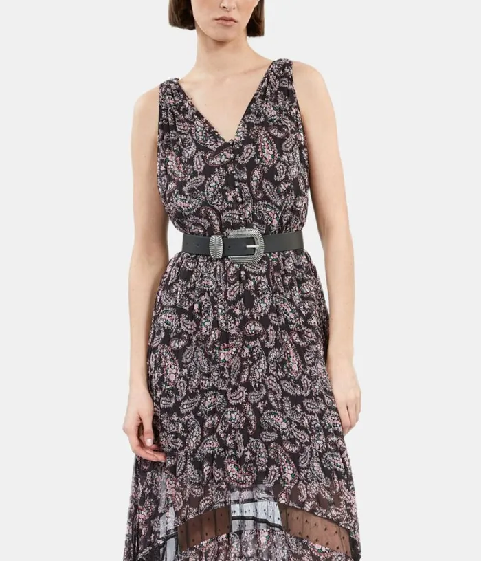 Women Black And Pink Paisley Print Pleated Long Dress With Mesh Inserts THE KOOPLES Dresses and Jumpsuits