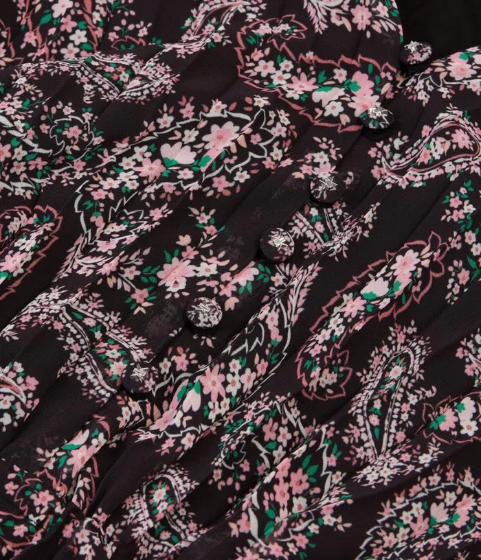 Women Black And Pink Paisley Print Pleated Long Dress With Mesh Inserts THE KOOPLES Dresses and Jumpsuits