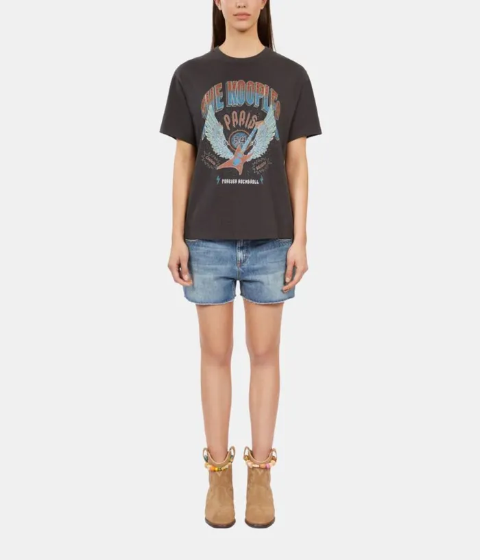 Women Black Tshirt With Guitar Serigraphy THE KOOPLES Tshirts