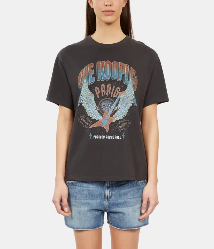 Women Black Tshirt With Guitar Serigraphy THE KOOPLES Tshirts