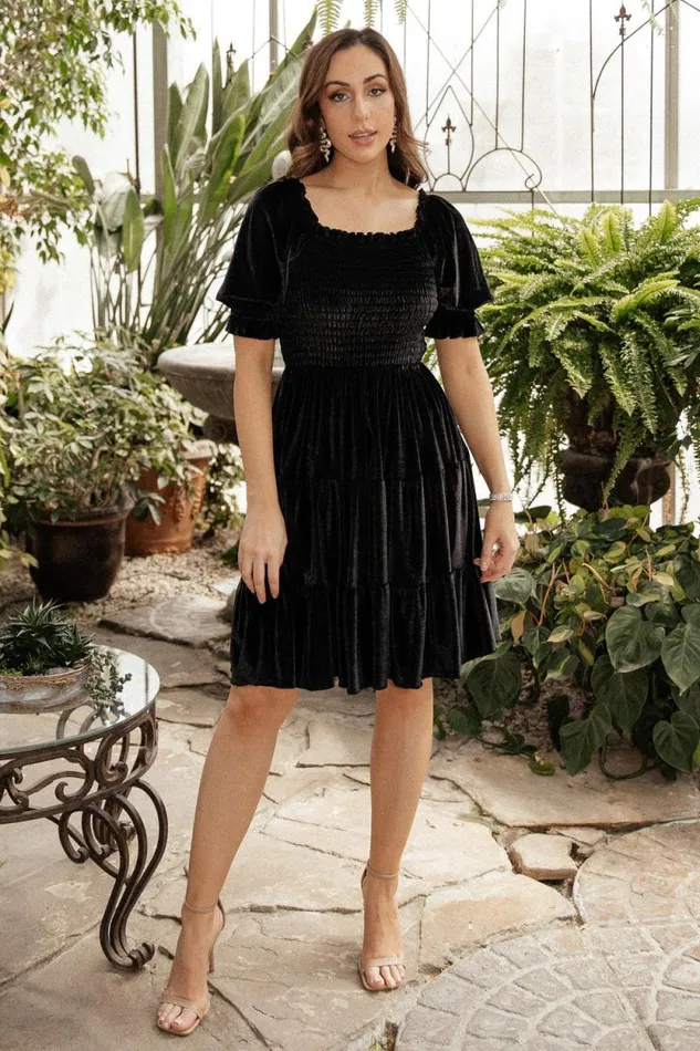Women Bliss Smocked Velvet Short Dress Black Baltic Born Short Dresses Women Bliss Smocked Velvet Short Dress Black Baltic Born Short Dresses