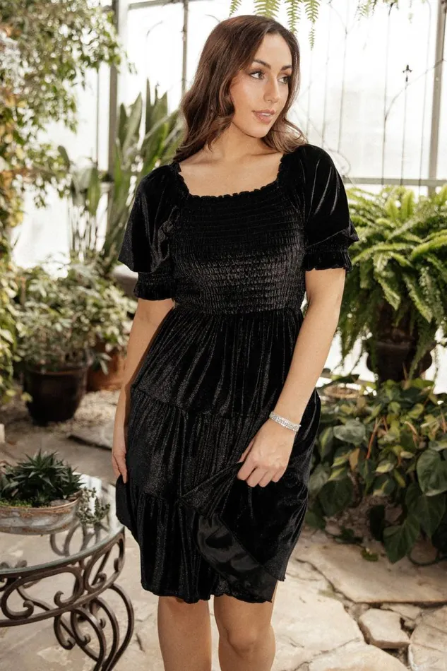 Women Bliss Smocked Velvet Short Dress Black Baltic Born Short Dresses Women Bliss Smocked Velvet Short Dress Black Baltic Born Short Dresses