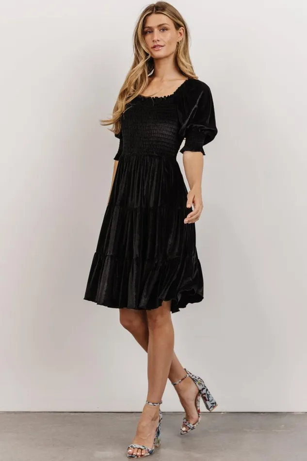 Women Bliss Smocked Velvet Short Dress Black Baltic Born Short Dresses Women Bliss Smocked Velvet Short Dress Black Baltic Born Short Dresses
