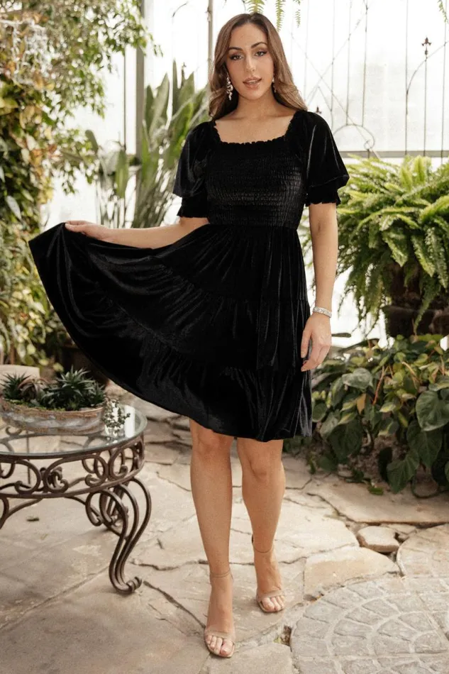 Women Bliss Smocked Velvet Short Dress Black Baltic Born Short Dresses Women Bliss Smocked Velvet Short Dress Black Baltic Born Short Dresses