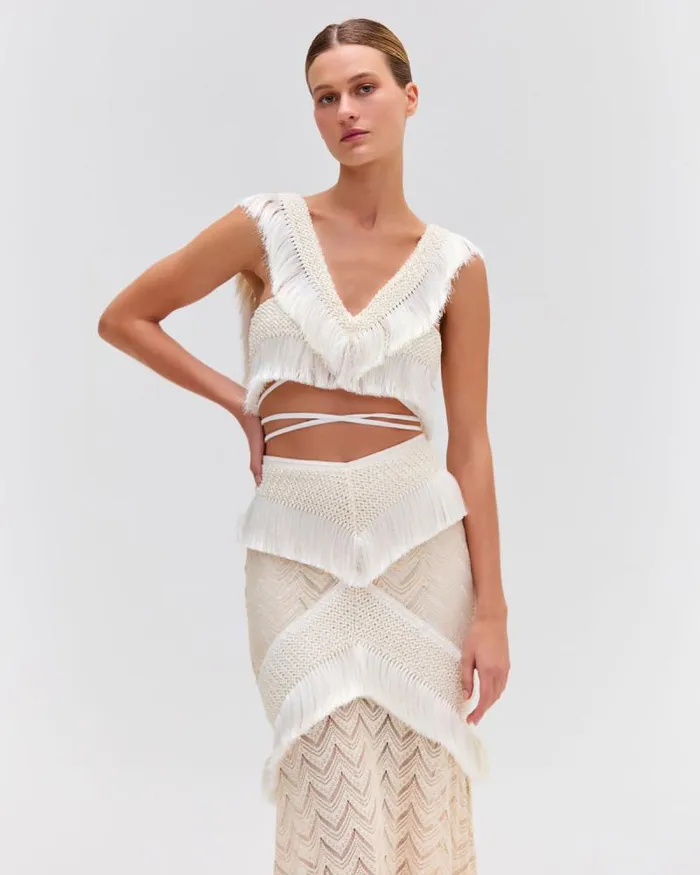 Women Bottoms PatBO Fringe Trim Maxi Skirt Sandstone