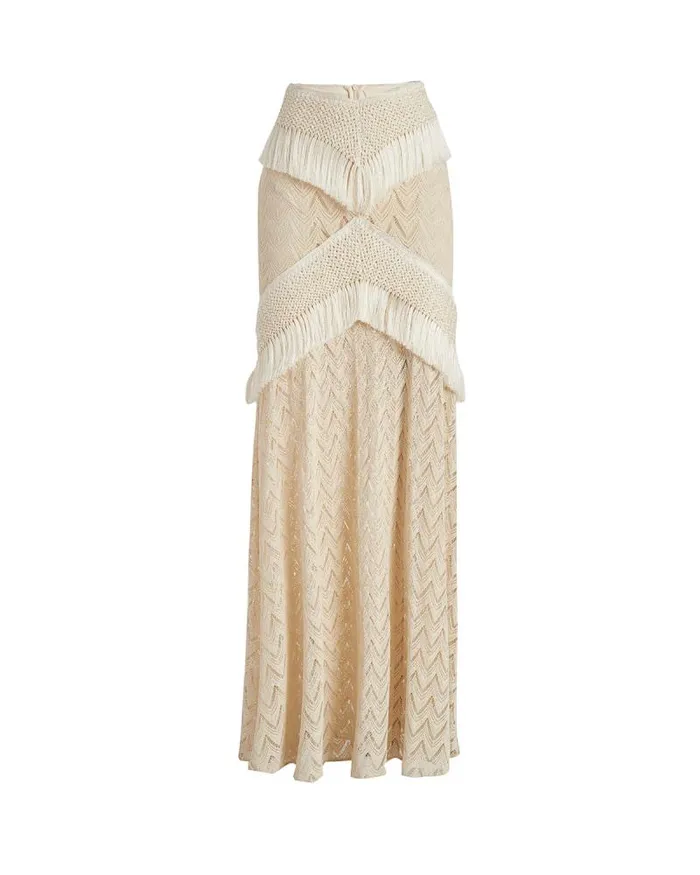 Women Bottoms PatBO Fringe Trim Maxi Skirt Sandstone
