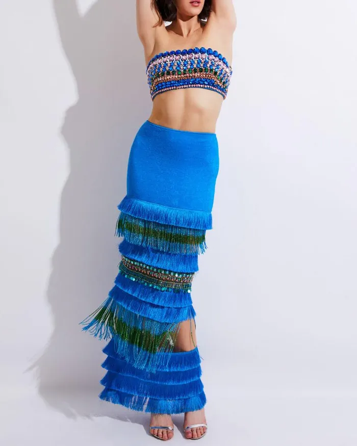 Women Bottoms PatBO HANDBEADED FRINGE TRIM MAXI SKIRT FINAL SALE Blue