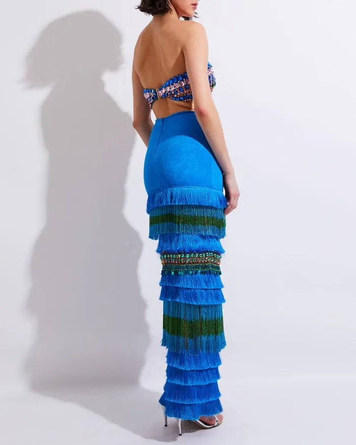 Women Bottoms PatBO HANDBEADED FRINGE TRIM MAXI SKIRT FINAL SALE Blue