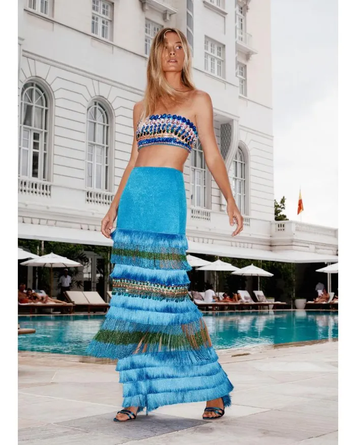 Women Bottoms PatBO HANDBEADED FRINGE TRIM MAXI SKIRT FINAL SALE Blue