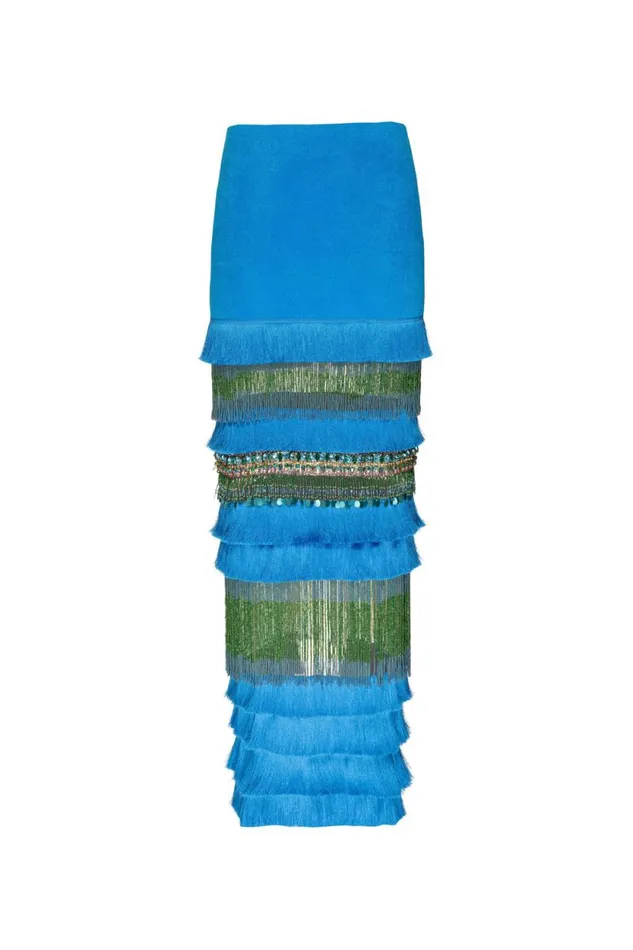 Women Bottoms PatBO HANDBEADED FRINGE TRIM MAXI SKIRT FINAL SALE Blue