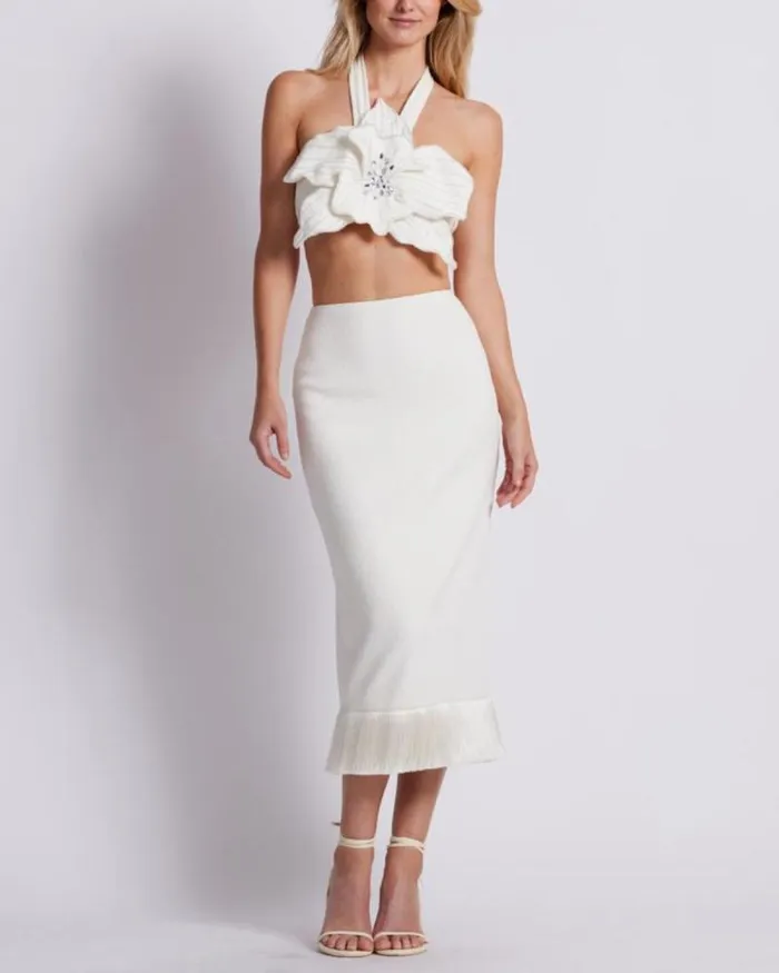 Women Bottoms PatBO Stretch Midi Skirt FINAL SALE Ivory
