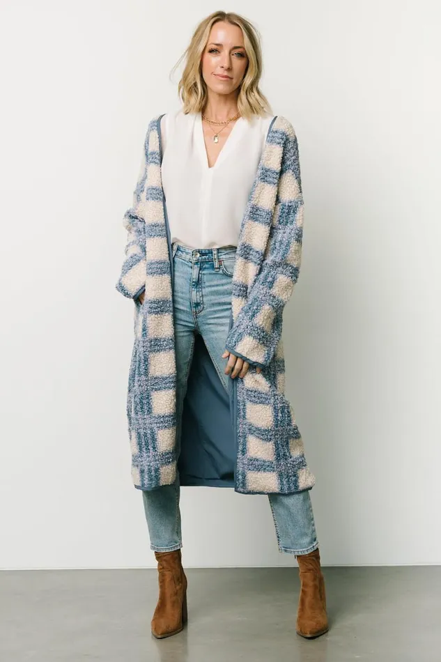 Women Breckenridge Sherpa Long Cardigan Blue Plaid Baltic Born Cardigans