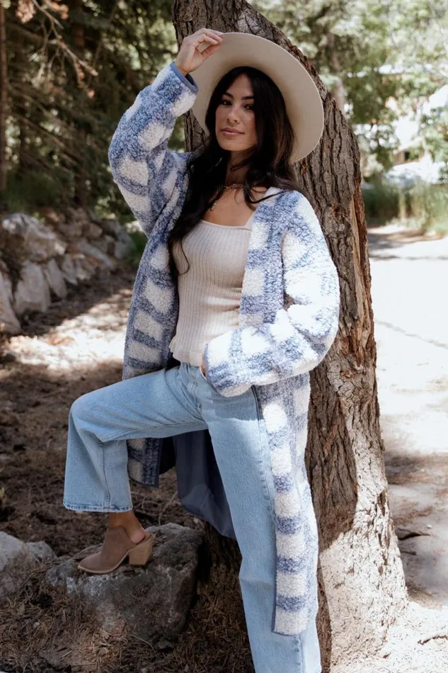 Women Breckenridge Sherpa Long Cardigan Blue Plaid Baltic Born Cardigans Women Breckenridge Sherpa Long Cardigan Blue Plaid Baltic Born Cardigans