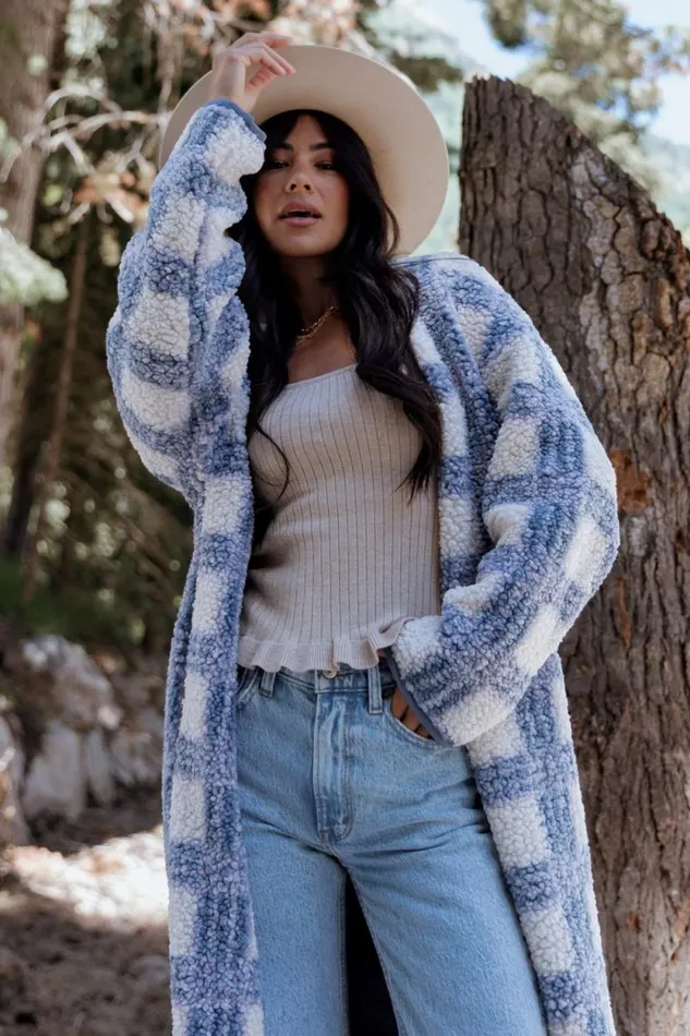 Women Breckenridge Sherpa Long Cardigan Blue Plaid Baltic Born Cardigans Women Breckenridge Sherpa Long Cardigan Blue Plaid Baltic Born Cardigans