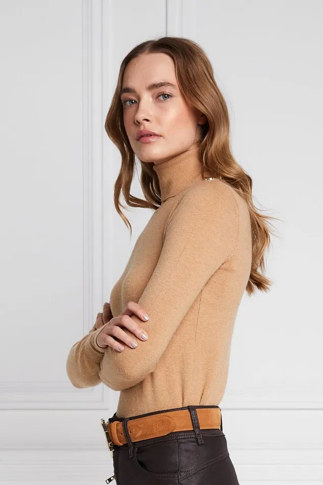 Women Buttoned Knit Roll Neck Dark Camel Holland Cooper Knitwear Women Buttoned Knit Roll Neck Dark Camel Holland Cooper Knitwear