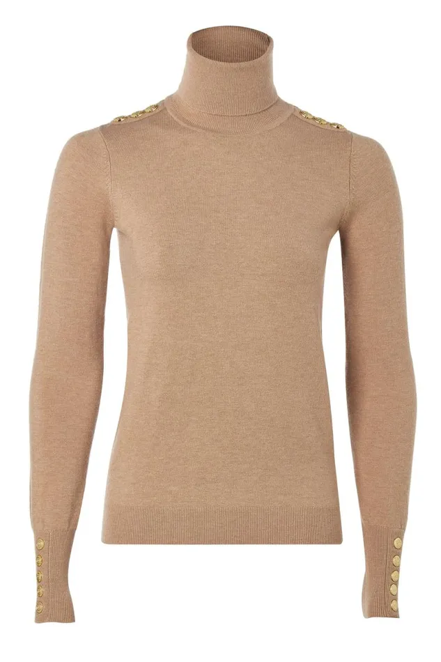 Women Buttoned Knit Roll Neck Dark Camel Holland Cooper Knitwear Women Buttoned Knit Roll Neck Dark Camel Holland Cooper Knitwear