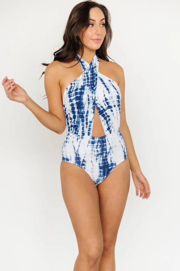 Women Calypso Cross Neck One Piece Blue Tie Dye Baltic Born One Piece Women Calypso Cross Neck One Piece Blue Tie Dye Baltic Born One Piece