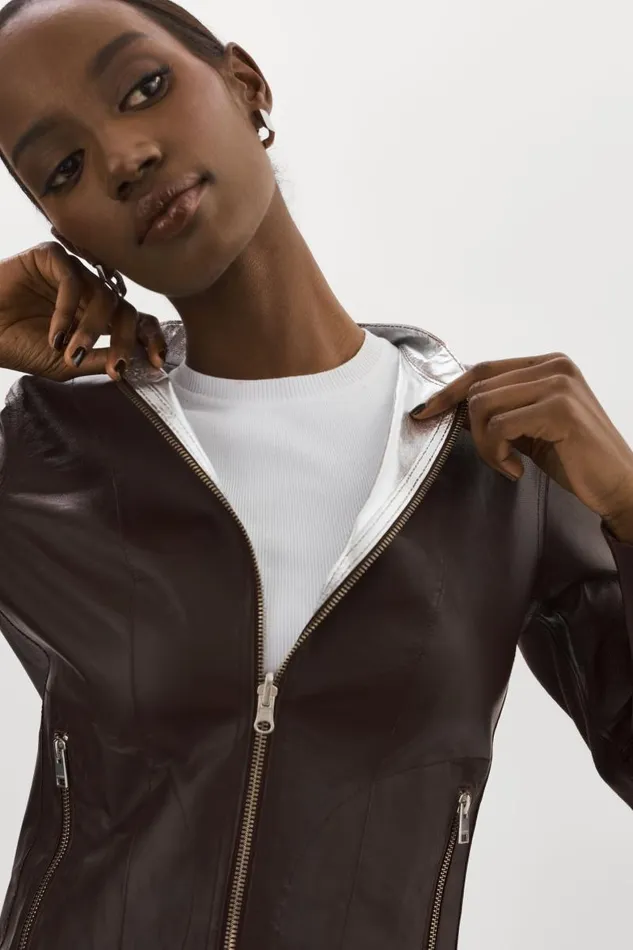 Women CHAPIN Reversible Leather Bomber Mahoganysilver LAMARQUE Leather Jackets Women CHAPIN Reversible Leather Bomber Mahoganysilver LAMARQUE Leather Jackets