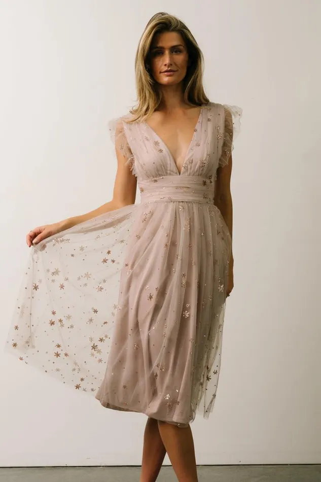 Women Chiara Shimmer Midi Dress Dusty Lilac Baltic Born Embellished and Sequined