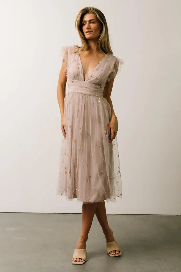Women Chiara Shimmer Midi Dress Dusty Lilac Baltic Born Embellished and Sequined