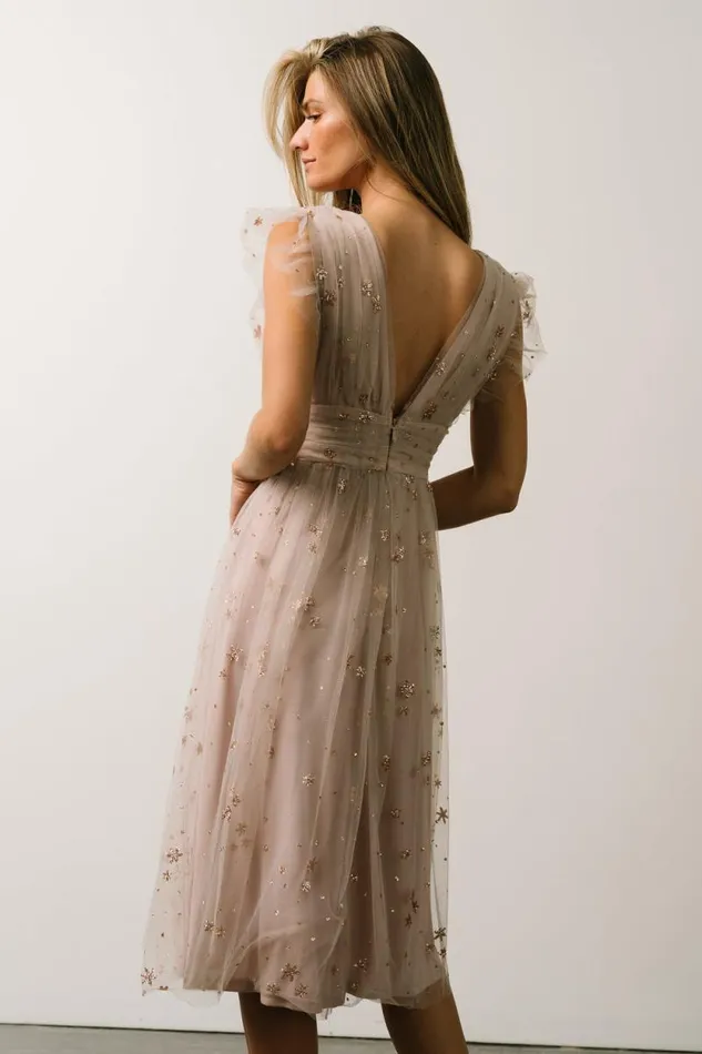 Women Chiara Shimmer Midi Dress Dusty Lilac Baltic Born Embellished and Sequined
