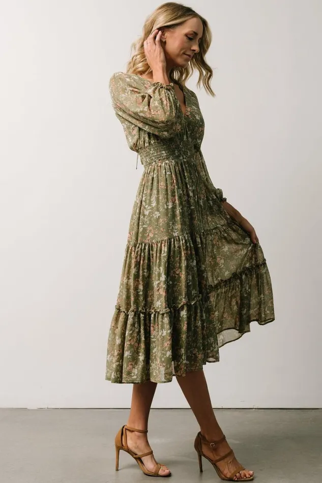 Women Coventry Tiered Midi Dress Dusty Olive Floral Baltic Born Midi Dresses Women Coventry Tiered Midi Dress Dusty Olive Floral Baltic Born Midi Dresses