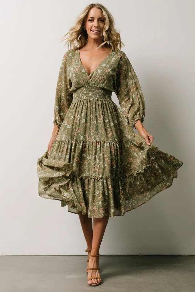 Women Coventry Tiered Midi Dress Dusty Olive Floral Baltic Born Midi Dresses Women Coventry Tiered Midi Dress Dusty Olive Floral Baltic Born Midi Dresses