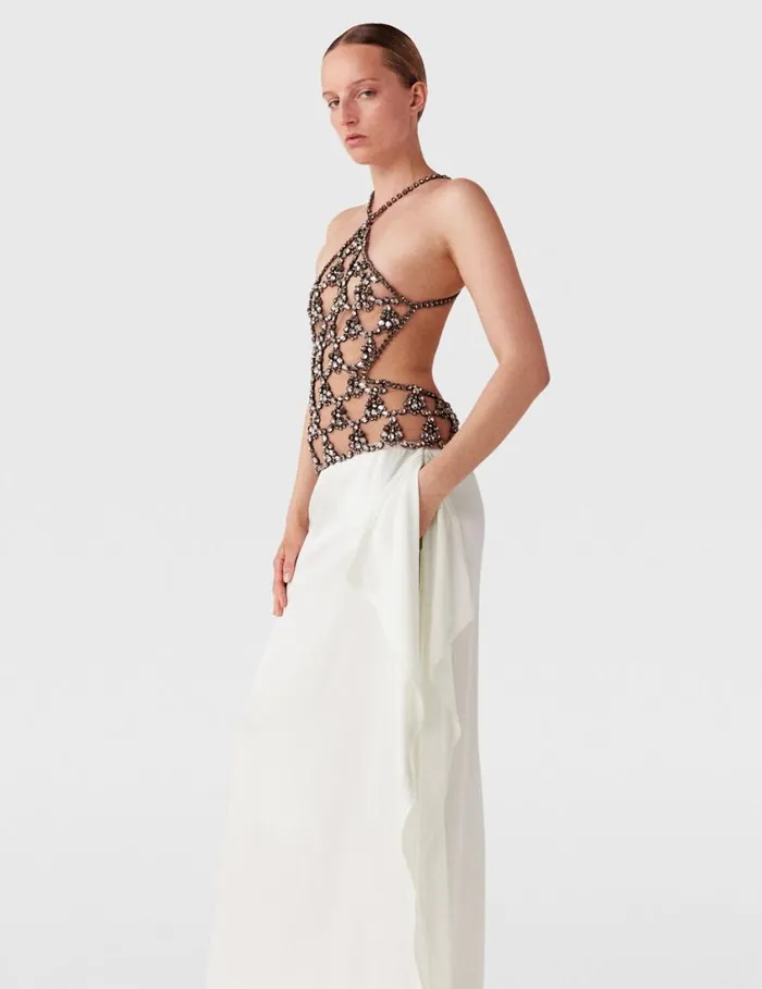 Women Crystal Cage Halterneck Maxi Dress Silver And Pure White Stella McCartney Dresses Women Crystal Cage Halterneck Maxi Dress Silver And Pure White Stella McCartney Dresses