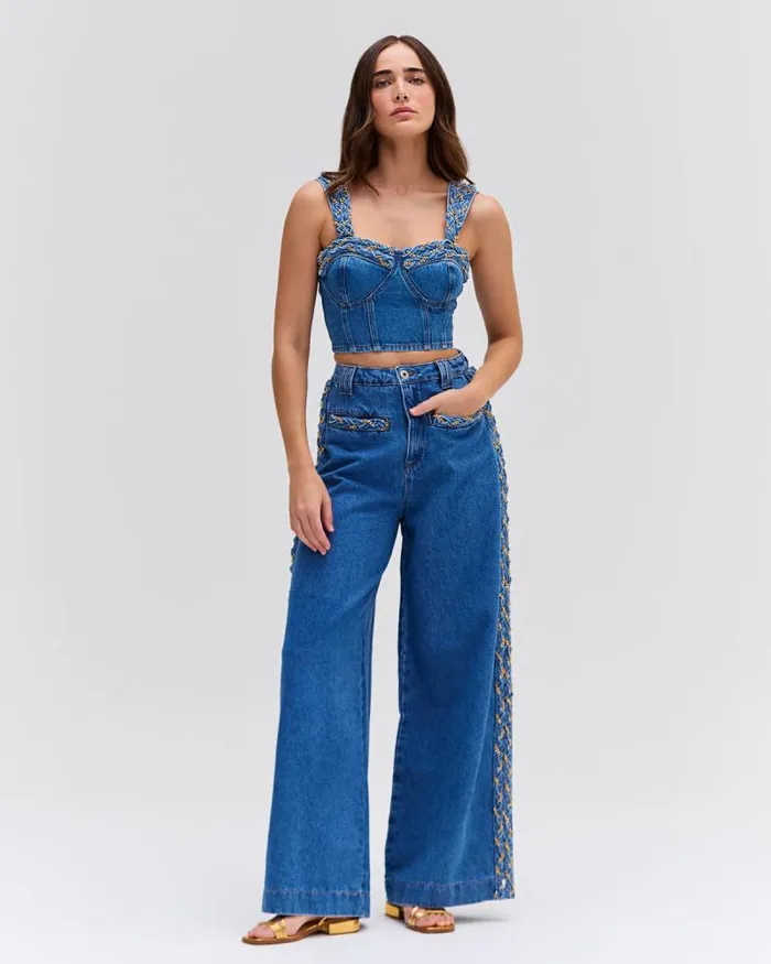 Women Denim PatBO Braided Wide Leg Jeans Denim