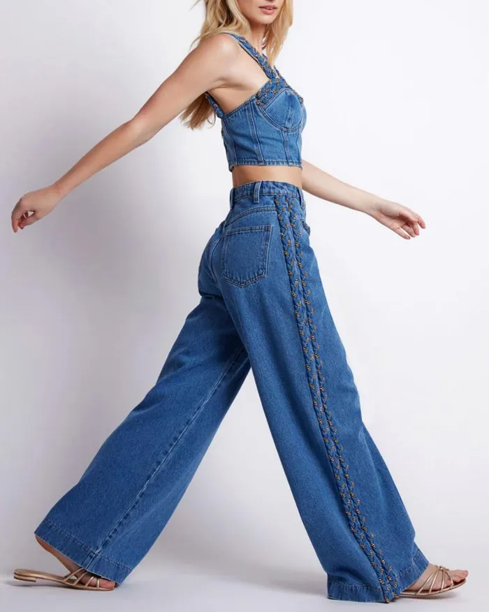 Women Denim PatBO Braided Wide Leg Jeans Denim