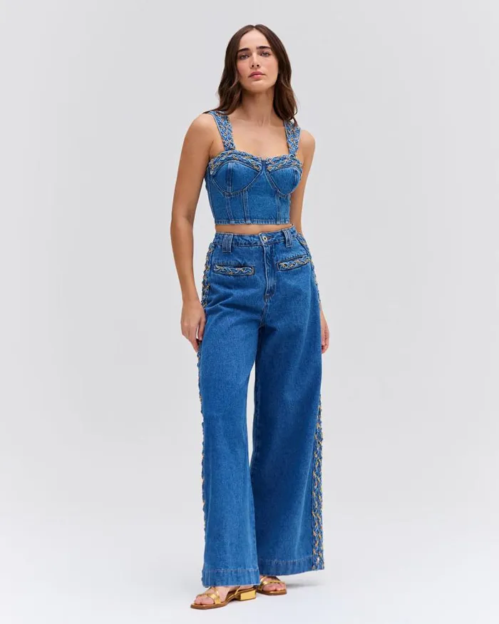 Women Denim PatBO Braided Wide Leg Jeans Denim