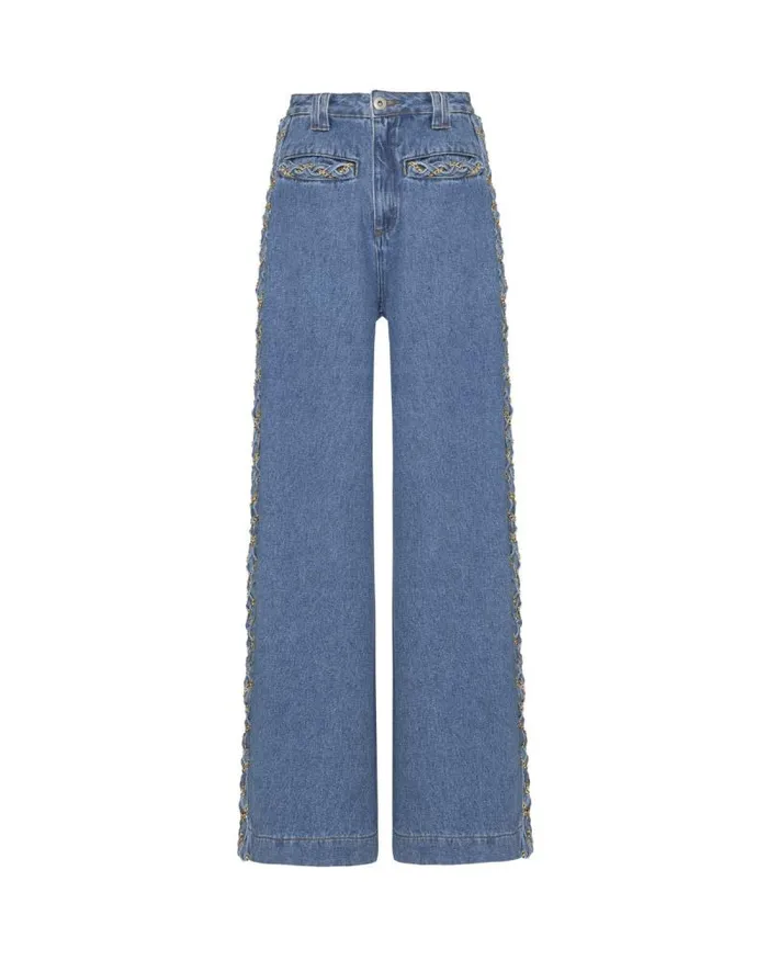 Women Denim PatBO Braided Wide Leg Jeans Denim