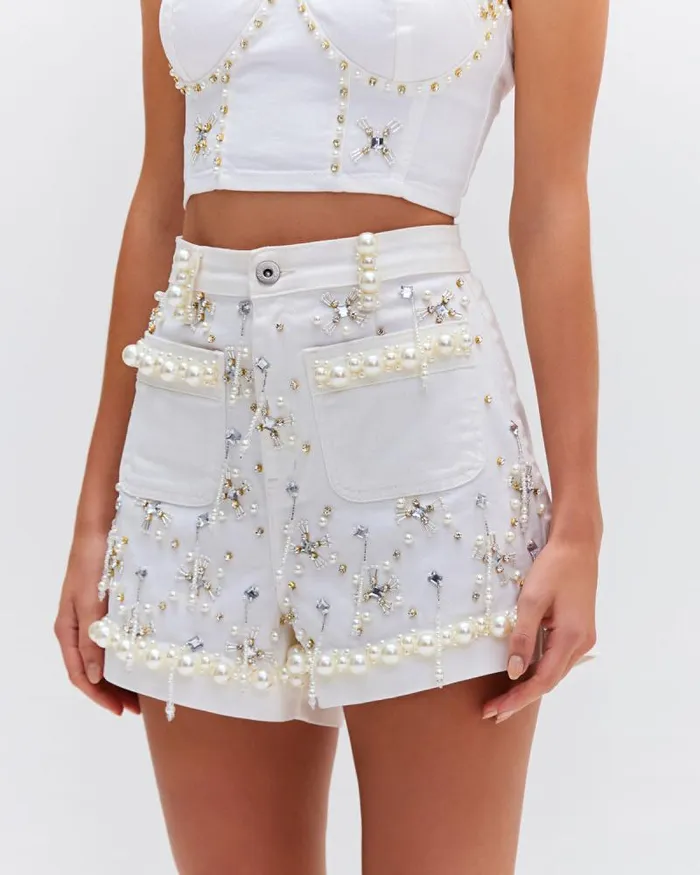 Women Denim PatBO HandBeaded Denim Shorts White