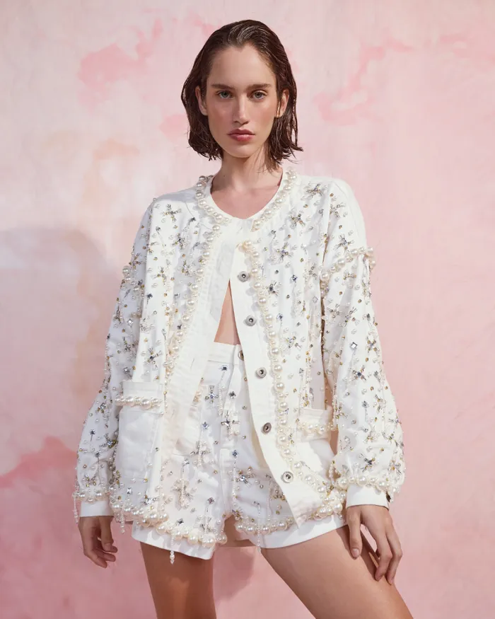 Women Denim PatBO HandBeaded Denim Shorts White