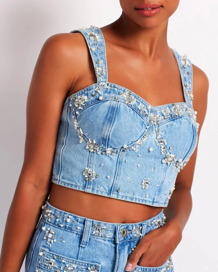 Women Denim PatBO HandBeaded Denim Top FINAL SALE Denim