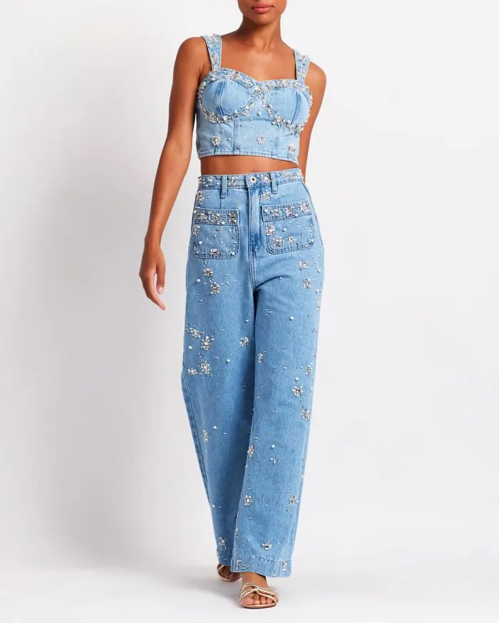 Women Denim PatBO HandBeaded Denim Top FINAL SALE Denim