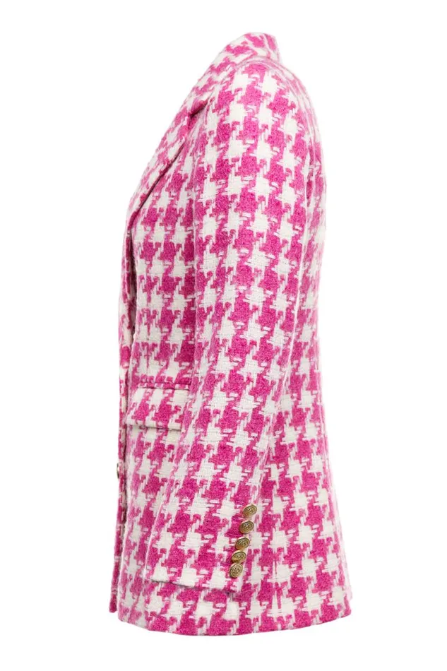 Women Double Breasted Blazer Hot Pink Large Scale Houndstooth Holland Cooper Tailoring