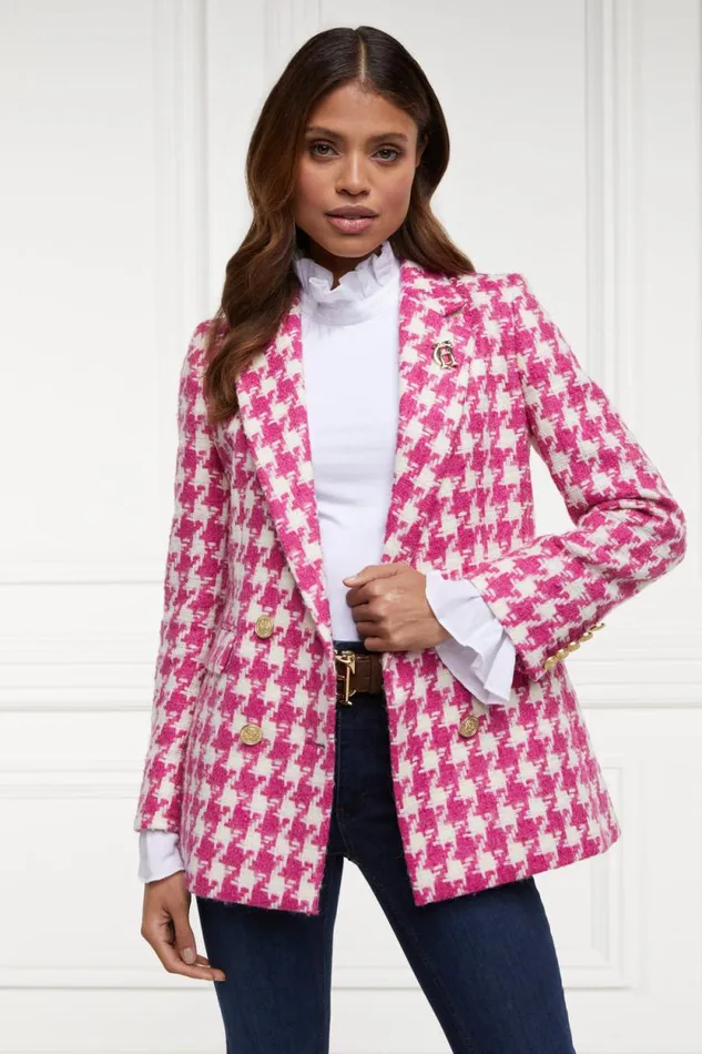 Women Double Breasted Blazer Hot Pink Large Scale Houndstooth Holland Cooper Tailoring