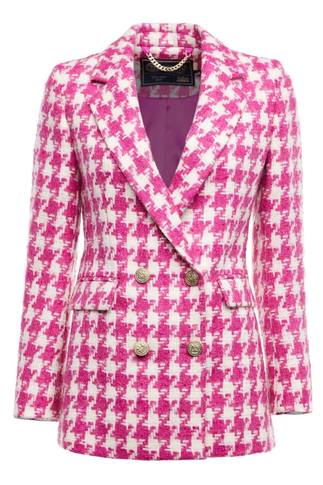 Women Double Breasted Blazer Hot Pink Large Scale Houndstooth Holland Cooper Tailoring