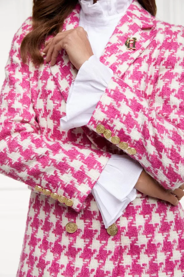 Women Double Breasted Blazer Hot Pink Large Scale Houndstooth Holland Cooper Tailoring