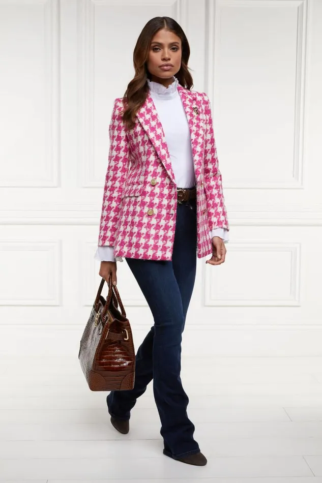 Women Double Breasted Blazer Hot Pink Large Scale Houndstooth Holland Cooper Tailoring