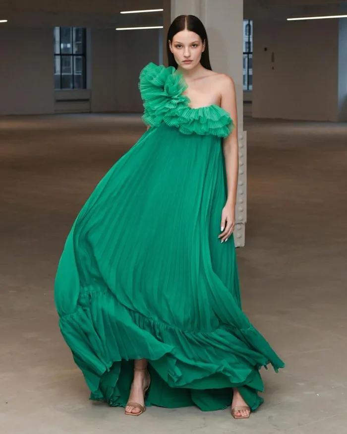 Women Dresses and Jumpsuits PatBO Pleated One Shoulder Gown FINAL SALE Verde