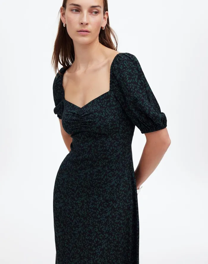 Women Dresses Madewell PuffSleeve Sweetheart Midi Dress Green Print