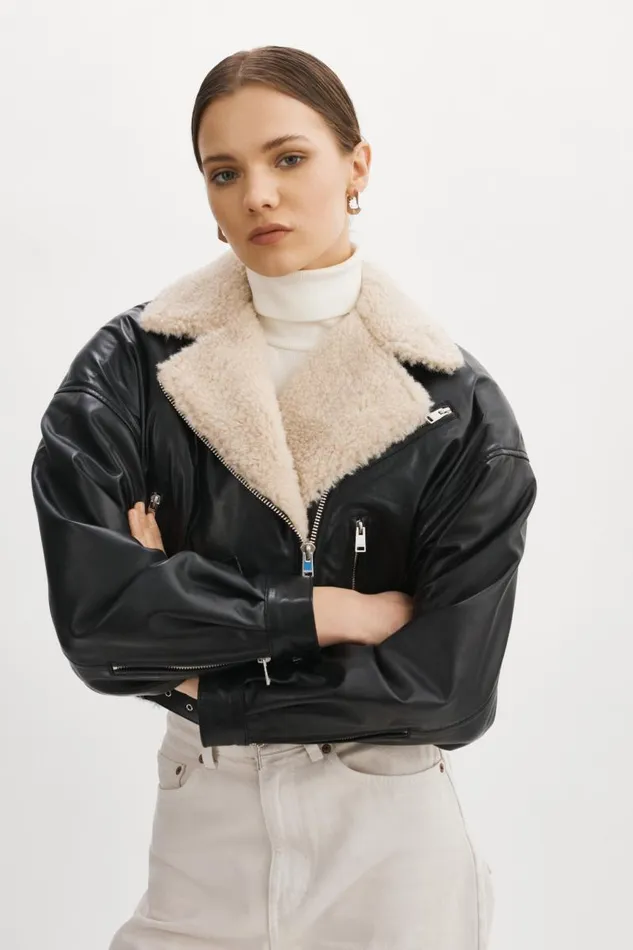 Women DYLAN 80039s Sherpa Leather Biker Jacket Blackecru LAMARQUE Leather Jackets