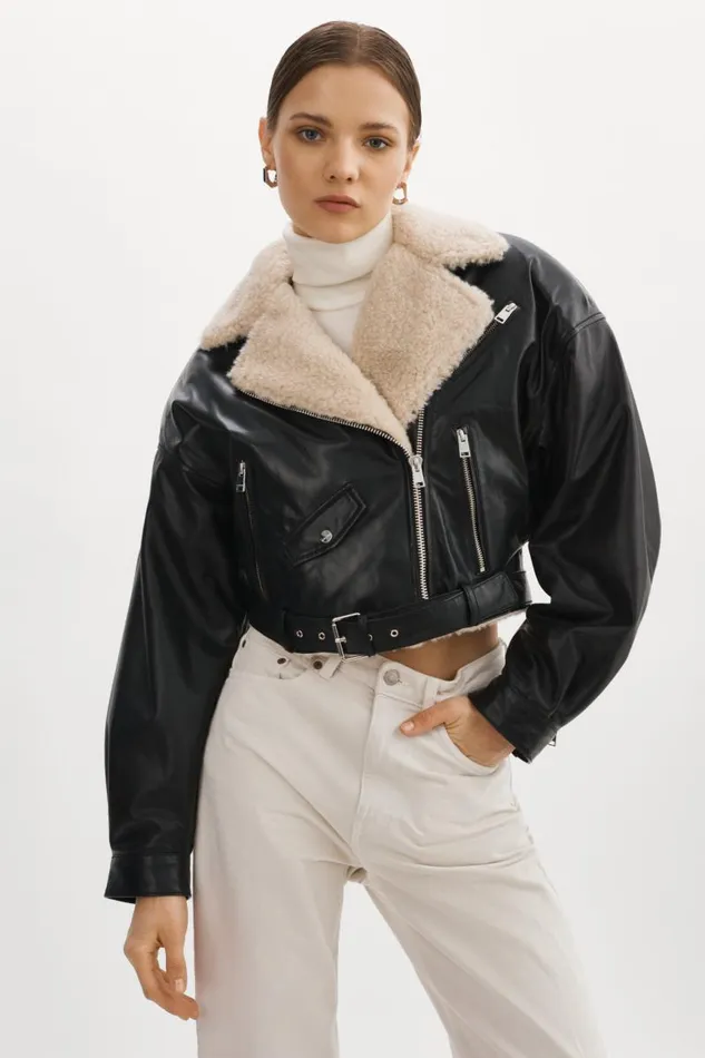 Women DYLAN 80039s Sherpa Leather Biker Jacket Blackecru LAMARQUE Leather Jackets